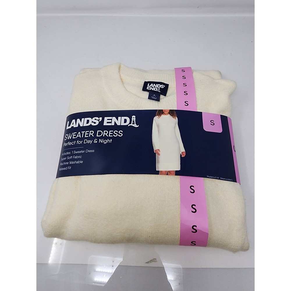 Lands' End Womens‎ Crew Neck Sweater Dress Cream Acrylic Blend Casual Size Small